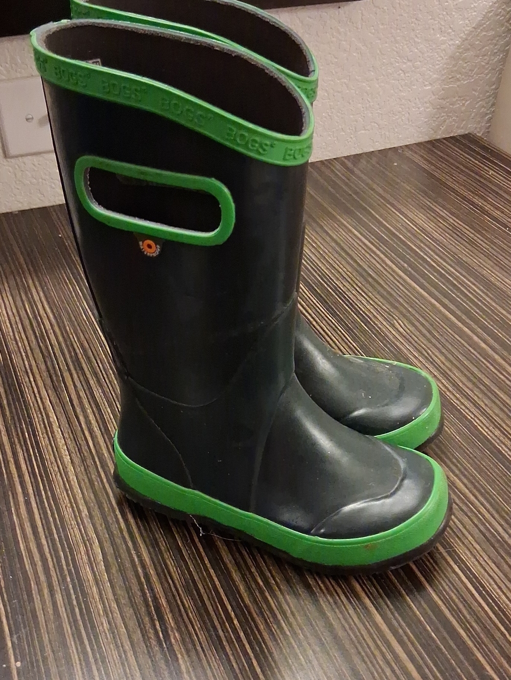Bogs Black and Green Kids Rain Boots